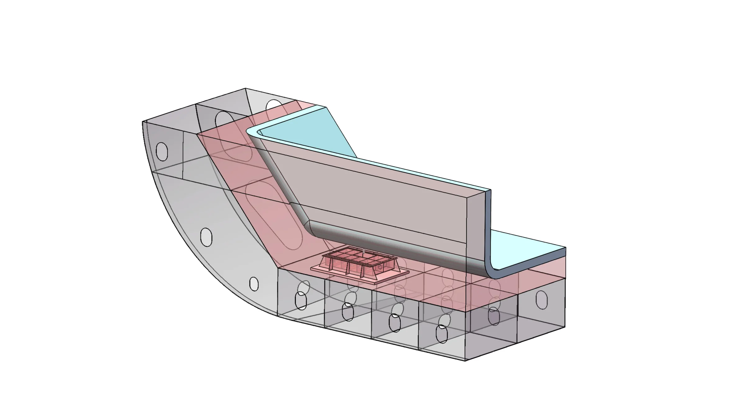 ISO 3D model of B-type LNG tank drip tray performance analysis model showing port-side aft arrangement for cryogenic spill containment and thermal evaluation